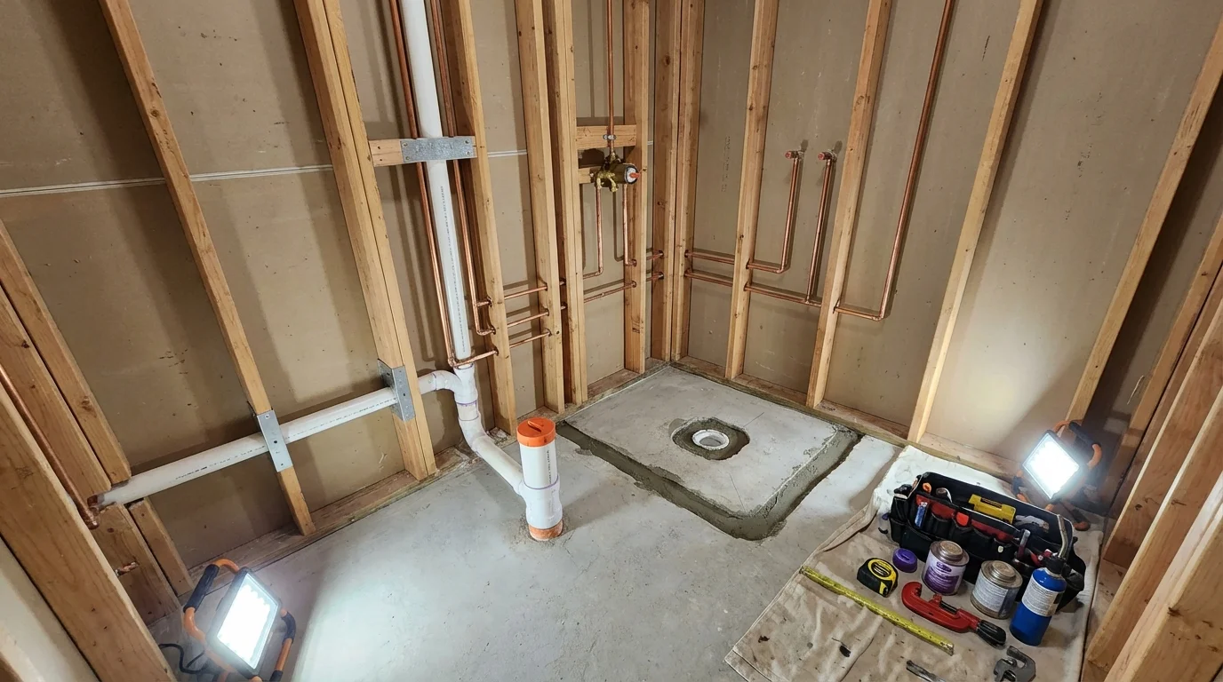 Bathroom rough-in plumbing during remodel by Johns Plumbing LLC in Woodsboro