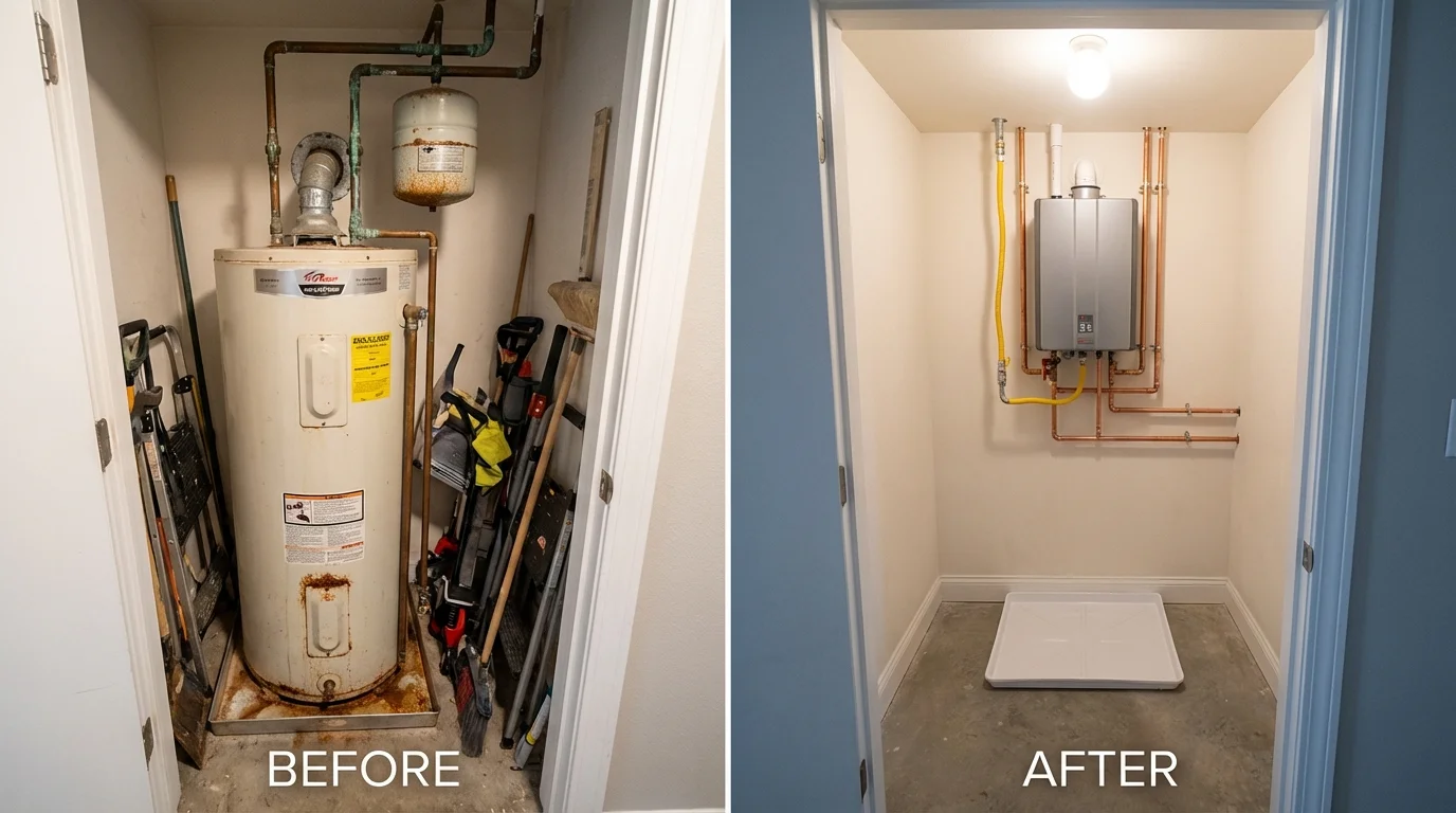 Tank water heater versus wall-mounted tankless unit comparison for Woodsboro, MD homeowners