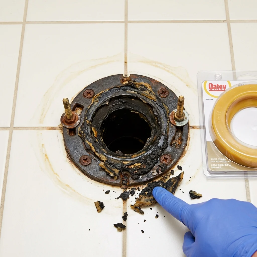 Failed wax ring showing water seepage at the base of a toilet in a Woodsboro, MD home