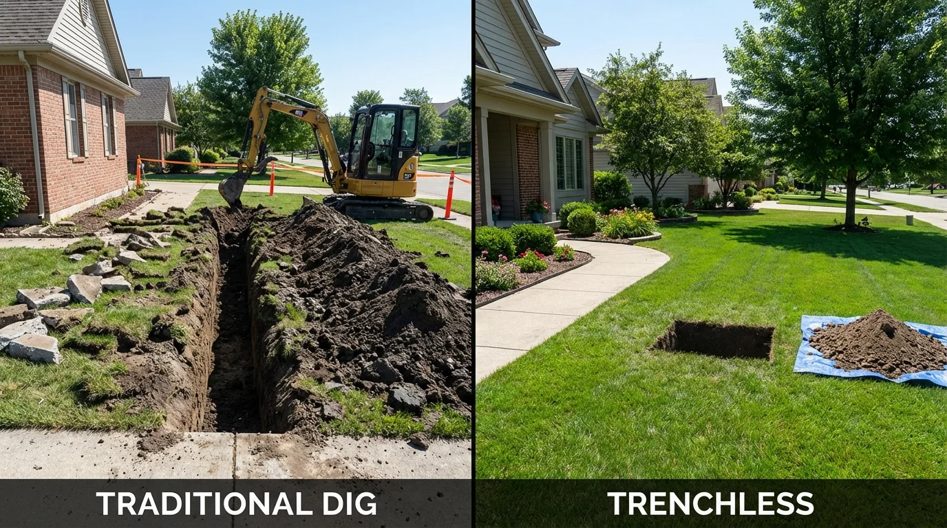 Trenchless sewer repair with minimal yard damage versus traditional excavation in Woodsboro, MD