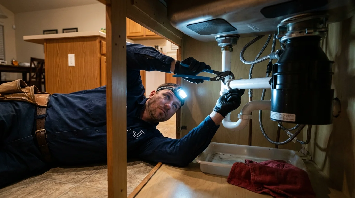 P-trap and supply line connections under a kitchen sink showing a common leak point in Woodsboro, MD
